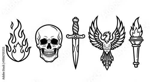 Tattoo designs of skull flame sword eagle torch.
