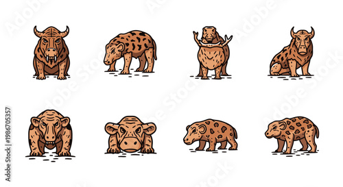 Spotted brown bison standing various poses.