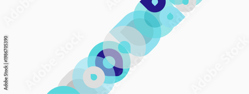 Abstract geometric shapes, circles, overlapping layers. Blue, purple hues dominate white background. Minimalist design, modern aesthetic.