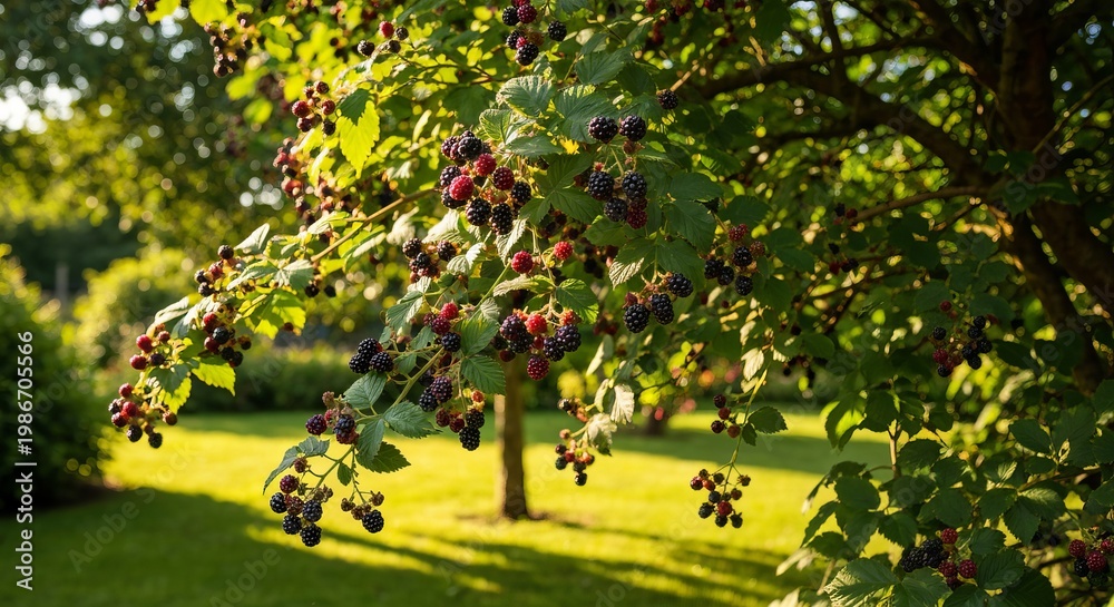 Fototapeta premium Lush Blackberry Bush Abundance in Summer, Laden With Ripe Berries and Nature s Freshness Delight