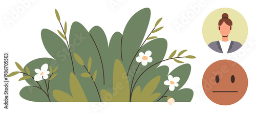 Online profiles, communication, digital identity, emotions, social media, and nature concepts. Green foliage with white flowers, a female avatar and a neutral face icon. Digital identity