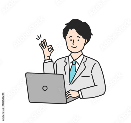 ノートパソコンの前でOKサインを出す男性