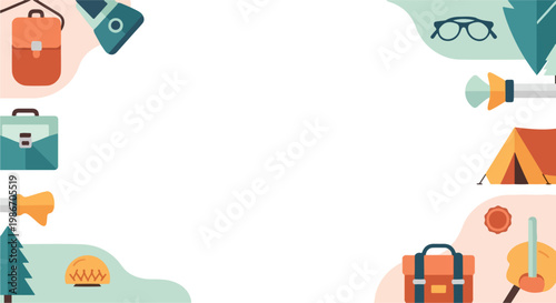 A minimalist flat vector design showcasing essential travel and outdoor equipment icons arranged around a clean white rectangular frame.