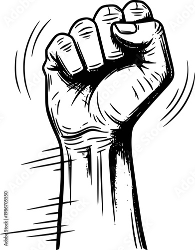 Black and white raised fist symbol with motion lines a white background power protest