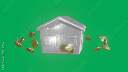 3D House Surrounded by Floating Gold Coins Moving on Green Screen Background