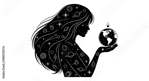 Silhouette of a woman holding the Earth with stars, moon, and galaxy elements