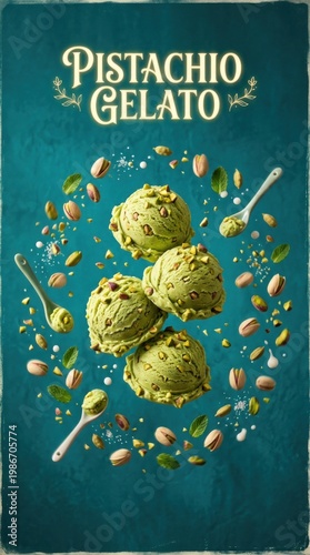 Delicious Pistachio Gelato Scoops with Floral Decoration.