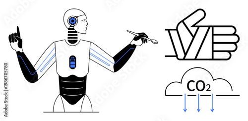 Artificial intelligence, environmental sustainability, robotics, decision making, digital innovation, future tech. Robot with tools, thumbs-up symbol CO2 reduction icon. Artificial intelligence