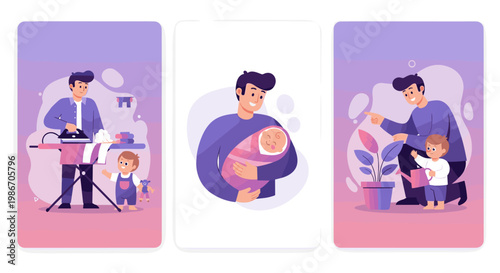 Illustration of a man taking care of his children in different scenarios