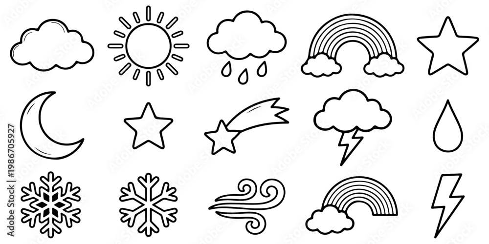 Obraz premium Collection of weather forecast line icons. Hand drawn minimalist doodle set of sun, clouds, rain, rainbow, moon and snowflakes, isolated.