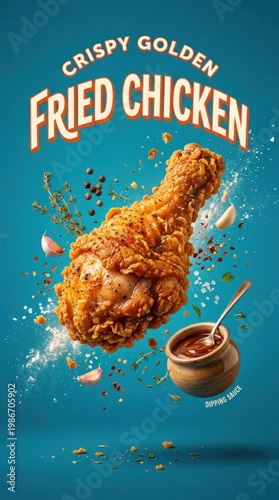 Delicious Crispy Golden Fried Chicken Drumstick with Sauce.