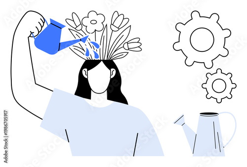 Personal growth, self-care, creativity, mental health, innovation, self-improvement. A woman watering flowers growing from her head, with gears ideas and development. Personal growth and creativity