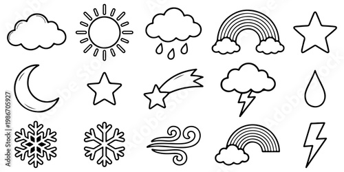 Collection of weather forecast line icons. Hand drawn minimalist doodle set of sun, clouds, rain, rainbow, moon and snowflakes, isolated.