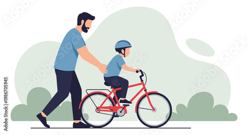 Father and child enjoying a bike ride together on a sunny day in the park