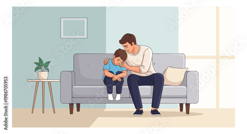 Father and son bonding while reading a book together on a cozy couch at home