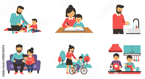 Illustrated family activities: reading, cooking, playing, and learning together at home