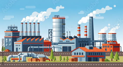 Industrial factory complex with smoking chimneys and pipelines.