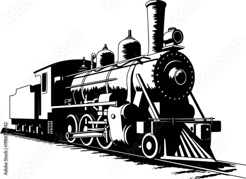 Detailed black and white of a vintage steam locomotive railroad tracks train engine