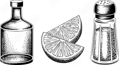 Vintage black and white of a bottle, citrus slices, and salt shaker