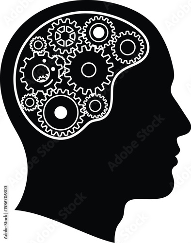 Black silhouette of human head with gears inside brain  thinking concept