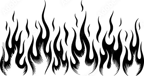 Black tribal flames border stylized fire white