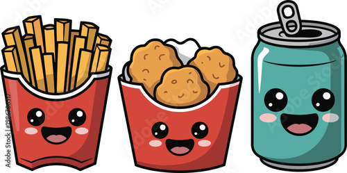 Cute fast food characters set, french fries nuggets soda vector illustration, kawaii snack cartoon collection