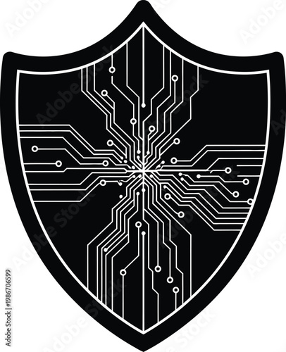 Shield with circuit board design on white background for technology security