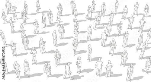 Abstract crowd of people figures with shadows.