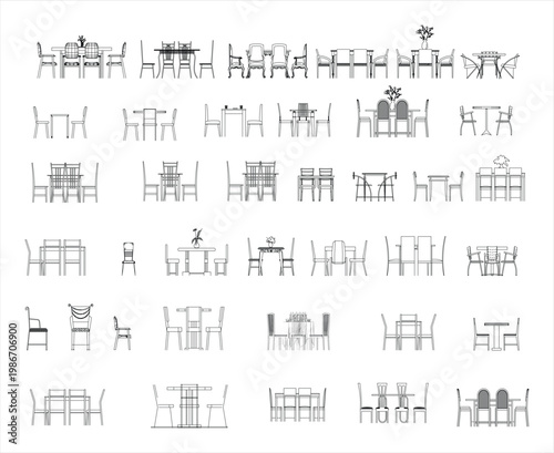 Table and Chairs Elevation – Modern Dining Furniture Front View Clean CAD-Style Vector Illustration Isolated on White Background. EPS 10