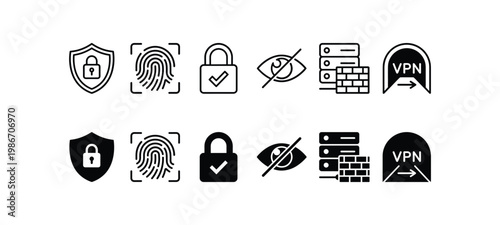 Cybersecurity Icon Set with Shield Lock, Fingerprint, Padlock, Hidden Eye, Firewall, VPN – Line and Solid Style