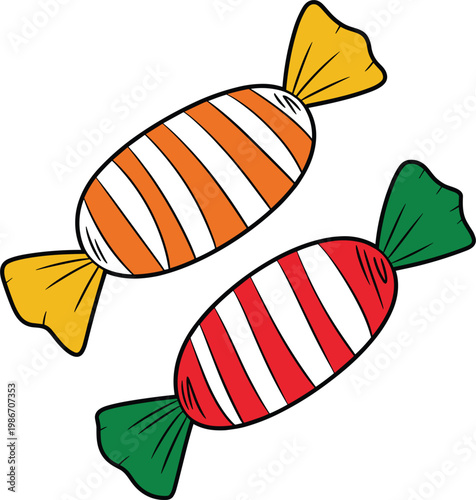Striped candy sweets illustration, colorful wrapped candies vector design, delicious confectionery treat icon collection for kids