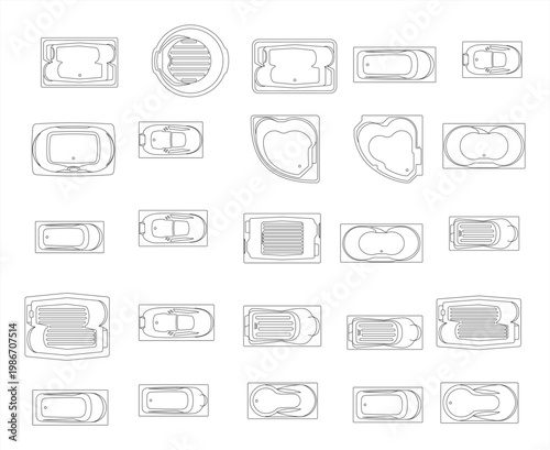 Spa Baths Set Collection – Clean CAD-Style Vector Illustration Isolated on White Background, EPS 10