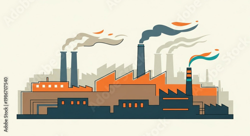 Industrial factory with smoking chimneys emitting pollution.
