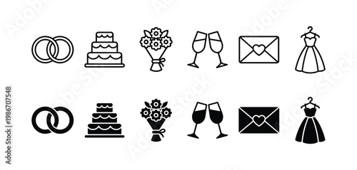 Wedding Icon Set with Rings, Cake, Bouquet, Champagne, Love Letter, Wedding Dress – Line and Solid Style