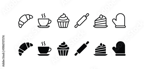 Bakery and Cafe Icon Set with Croissant, Coffee Cup, Cupcake, Rolling Pin, Cake Slice, Oven Mitt – Line and Solid Style