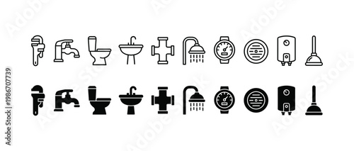 Plumbing and Bathroom Icon Set with Wrench, Faucet, Toilet, Sink, Shower, Water Meter, Boiler, Plunger – Line and Solid Style