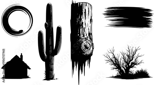 Black silhouette collection: cactus, cabin, tree stump, bare tree, brush stroke, zen circle