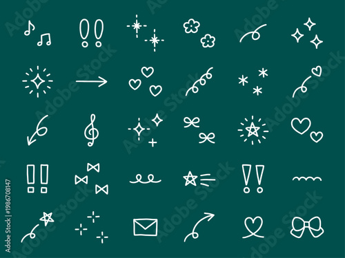 手書きの飾りイラストのベクターイラストセット。手描き、星、花、落書き、ハート、キラキラ