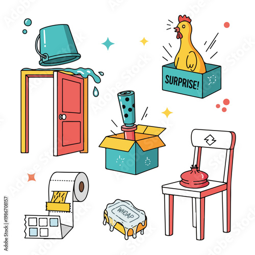 A colorful cartoon illustration of six comedic surprise scenes
