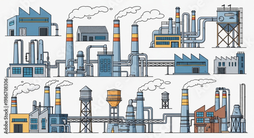 Industrial factory complex with smoking chimneys and pipelines illustration.