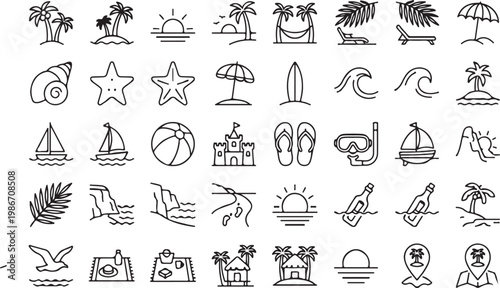 Minimalist summer beach icons set, 40 line art vector elements for travel and vacation, tropical holiday symbols on white background
