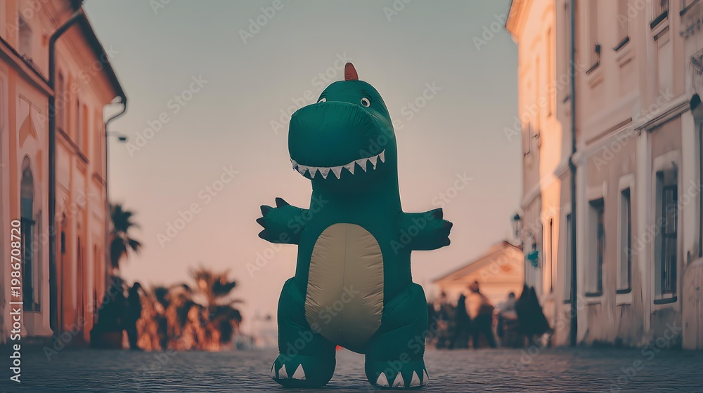 Obraz premium inflatable dinosaur costume walking confidently through city street