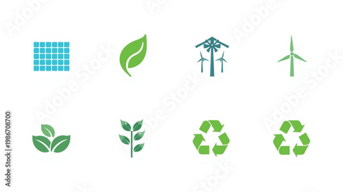 A set of eco-friendly icons representing sustainable energy and recycling