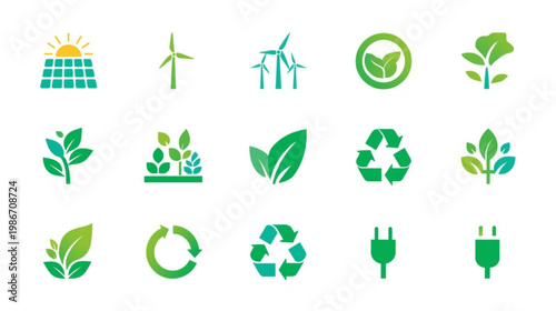 A collection of eco-friendly icons representing sustainable energy and recycling