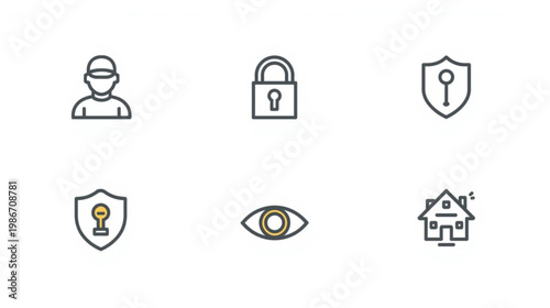 A set of security icons including a person, padlock, shield, and house