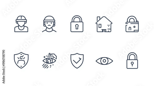 A set of security icons including locks, shields, and protected individuals