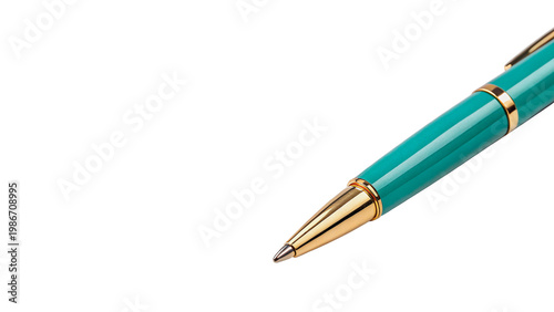 Stylish pen with a turquoise barrel and gold accents isolated on transparent background cut out