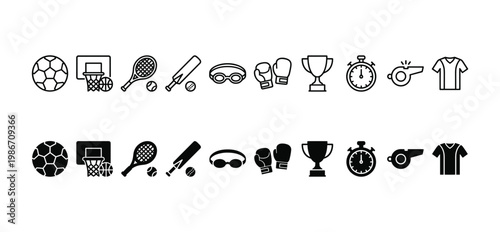 Sports Equipment Icon Set Vector – Outline and Solid Black Football Basketball Tennis Boxing Trophy Timer Whistle and Athletic Symbols