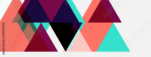 Abstract geometric shapes overlap, creating vibrant color blocks. Triangles dominate composition, offering modern aesthetic.