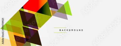 Abstract geometric shapes overlap, creating vibrant color blocks. Minimalist design with white space dominates composition.